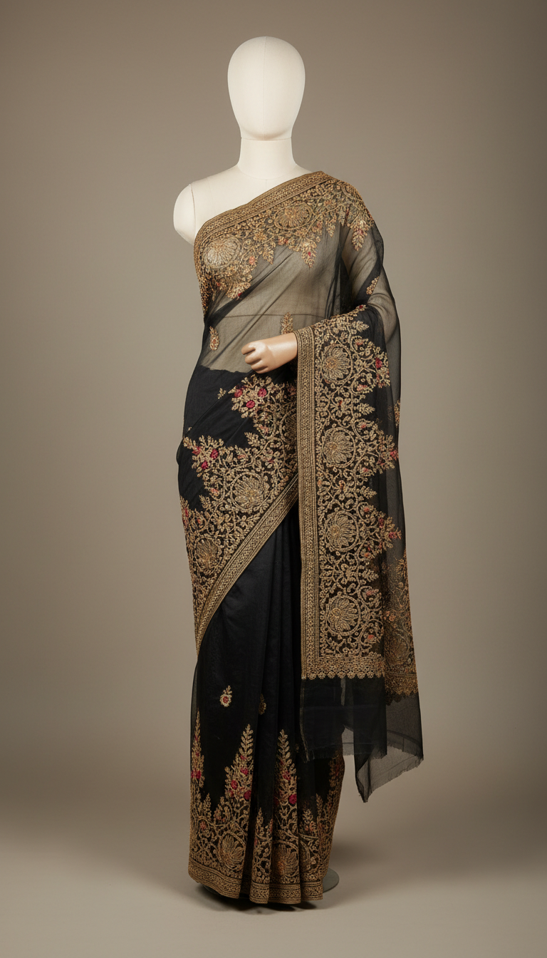 Black Organza Saree with Antique Threadwork