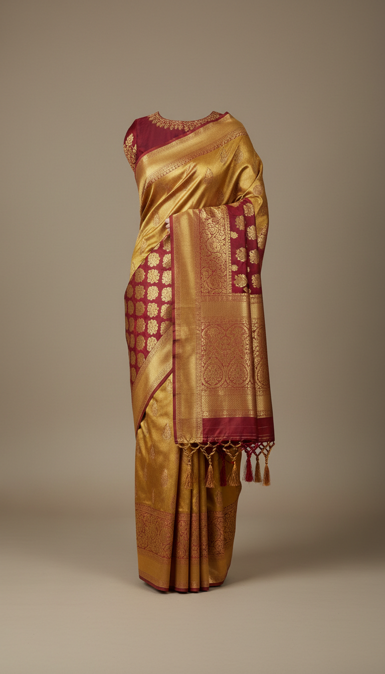 Gold Banarasi Saree with Maroon Pallu