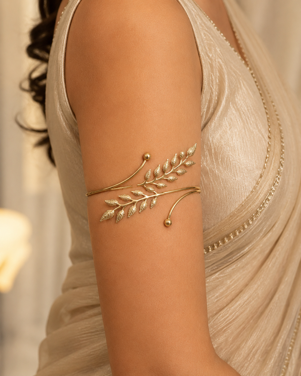 Golden Leaf Armlet – Elegant Floral Leaf Design