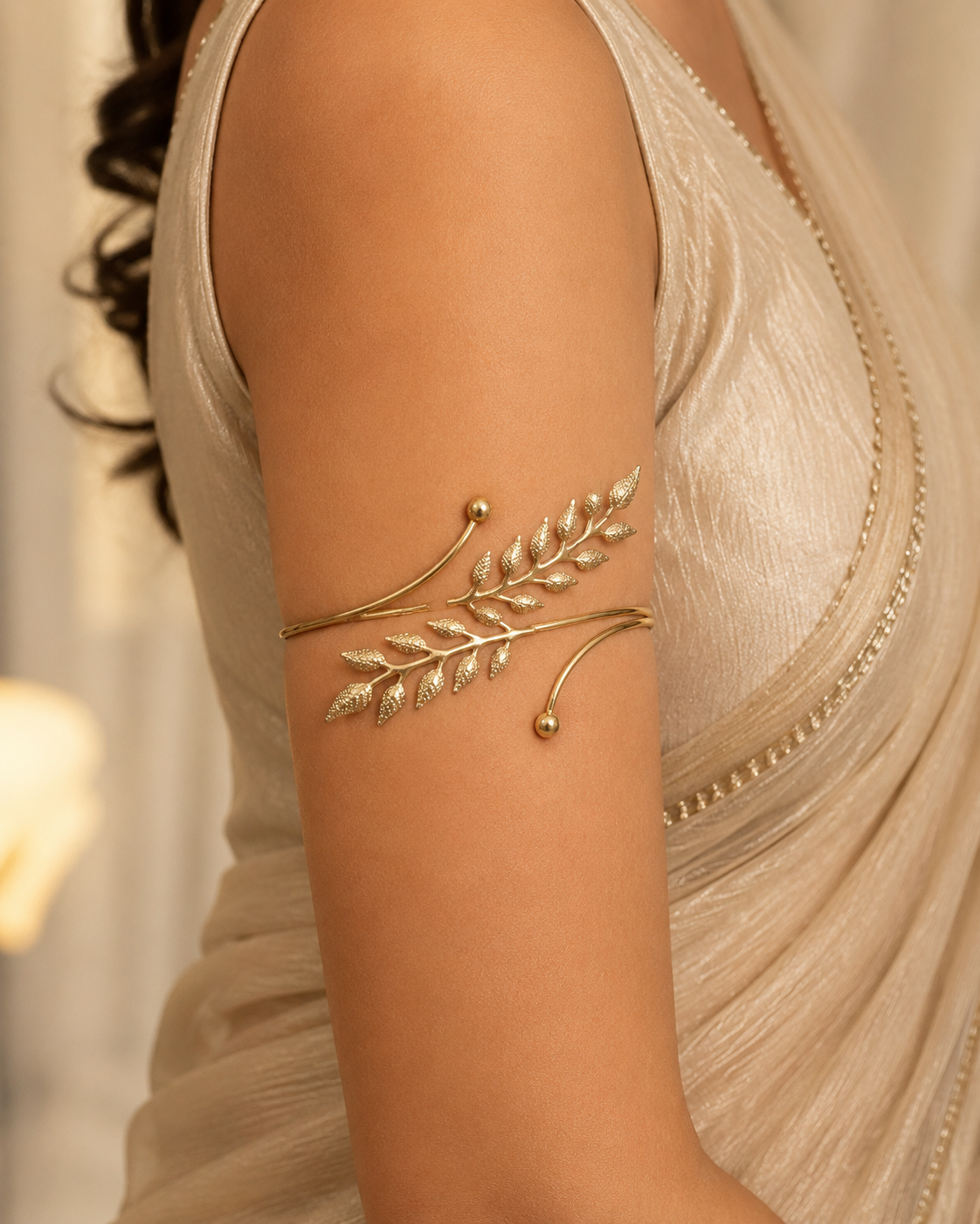 Golden Leaf Armlet – Elegant Floral Leaf Design