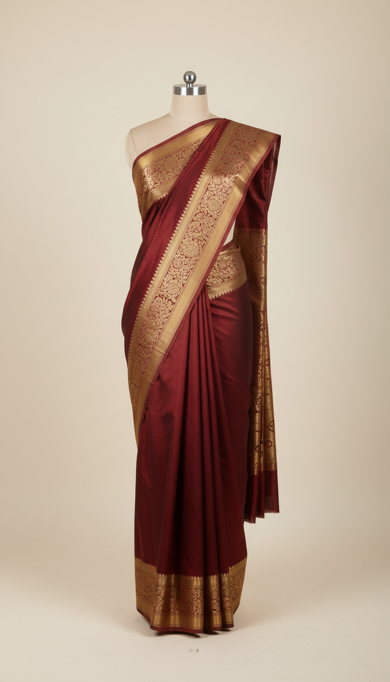 Maroon Silk Saree with Gold Zari