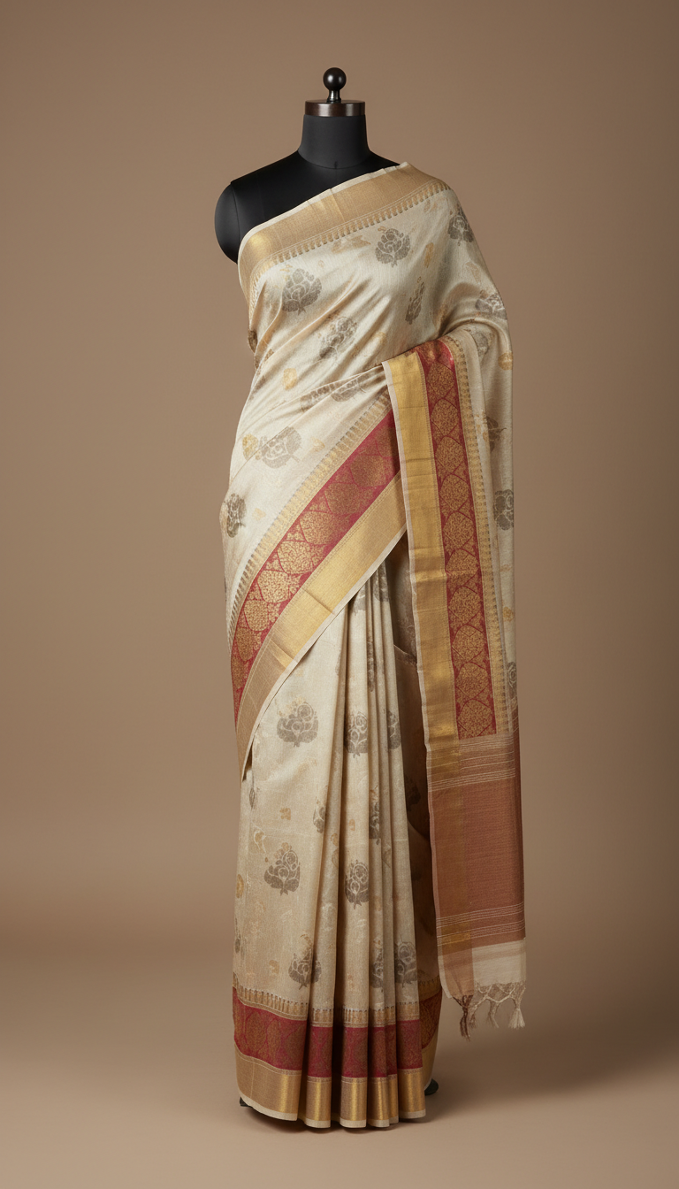 Ivory Kanjeevaram Saree with Taupe Motifs
